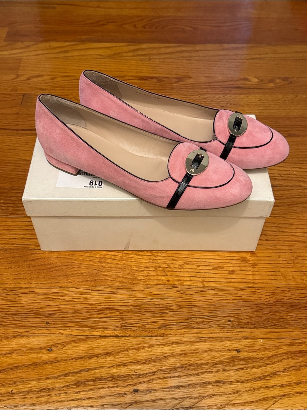 Emporio Armani Pink Suede Loafers with Black Trim & Silver Buckle - Picture 2 of 12